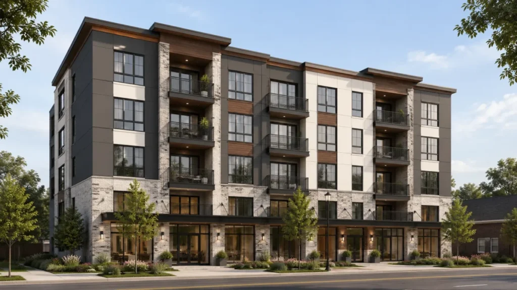 Street-level architectural exterior rendering of a modern four-story apartment building with balconies, large windows, mixed facade materials, and landscaped sidewalks.