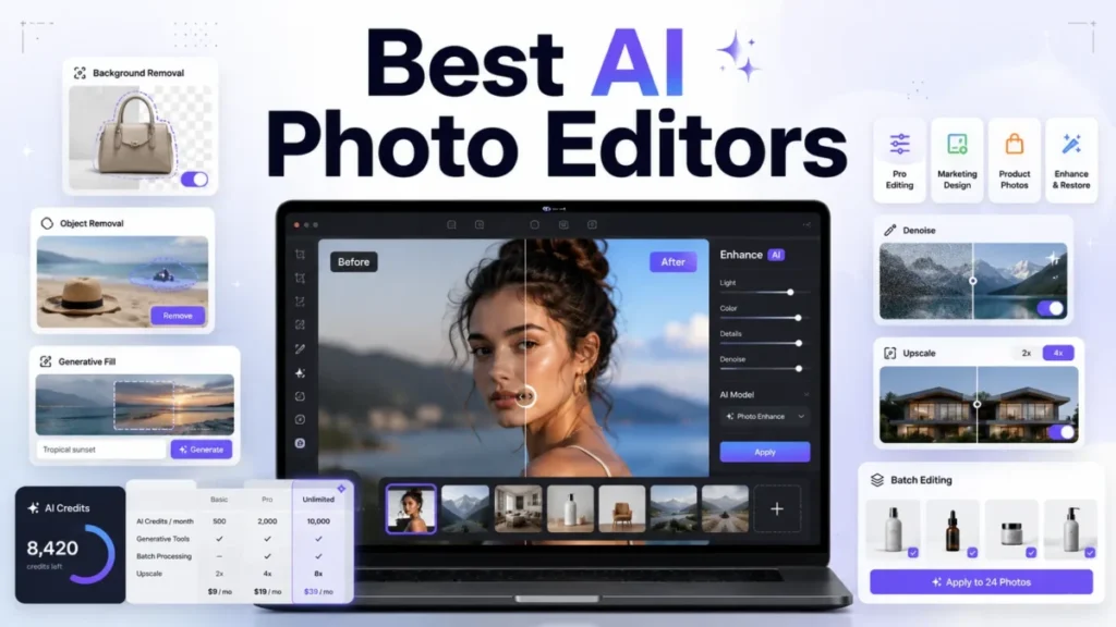 Best AI Photo Editors featured image showing AI retouching, background removal, object removal, denoising, upscaling, and batch editing