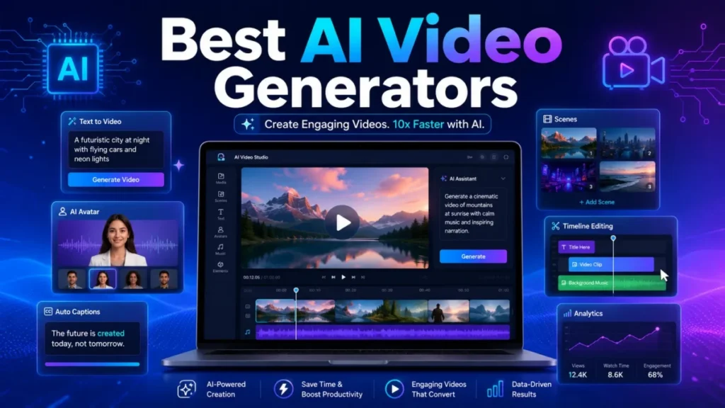 Featured image for Best AI Video Generators showing an AI video editing interface with text-to-video, avatars, captions, scenes, timeline editing, and analytics.