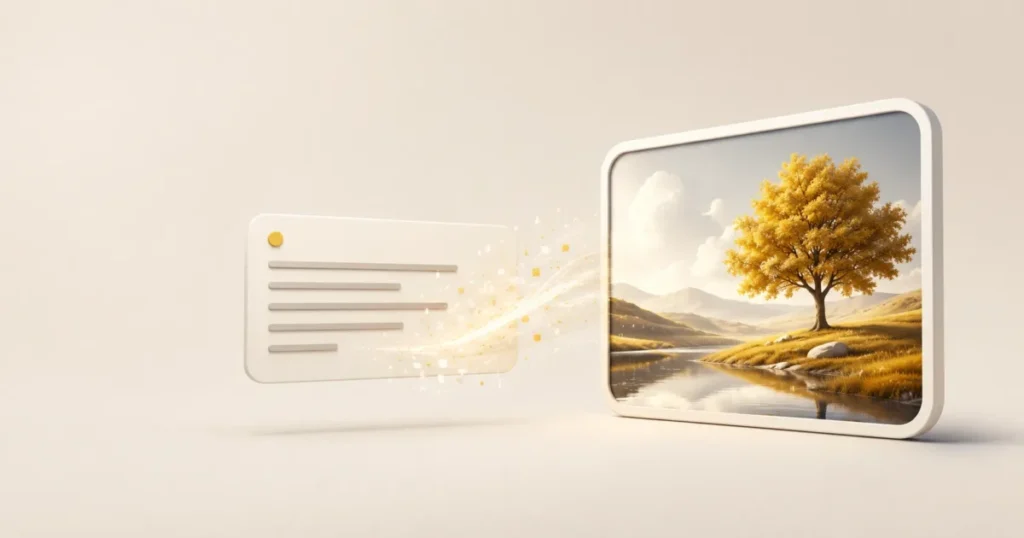 Editorial 3D illustration showing a text content card transforming into a framed golden scenery image, with generous empty space on a neutral background.