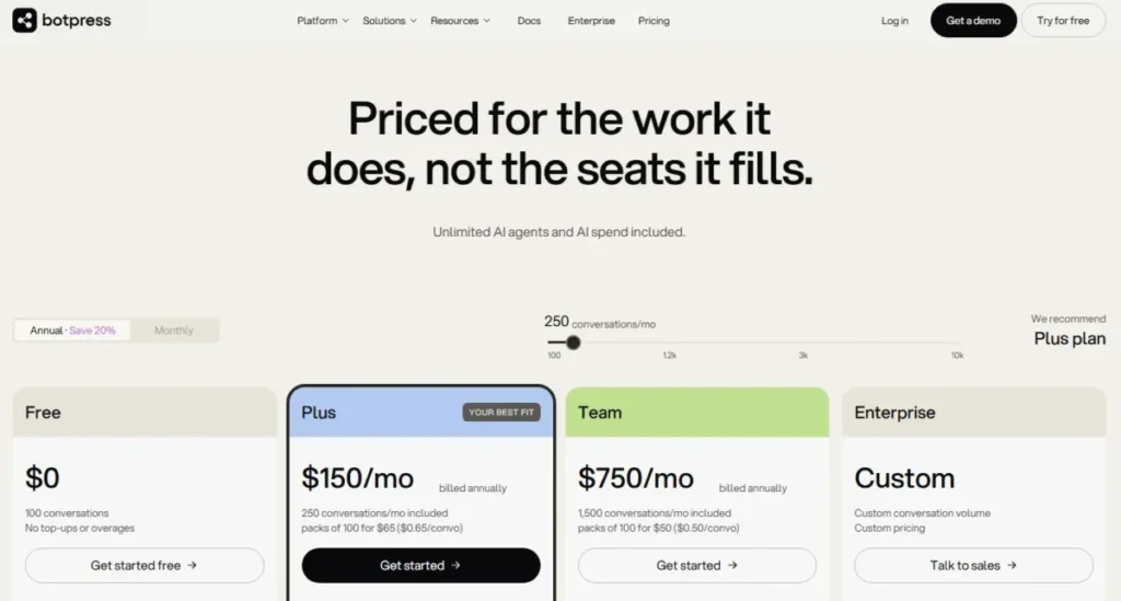 Botpress pricing page showing Free, Plus, Team, and Enterprise plans with conversation-based pricing.