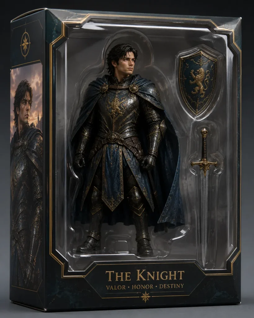 Boxed fantasy knight collectible figurine displayed in dark blue-and-gold packaging with a clear window, sword, shield, and molded accessories.