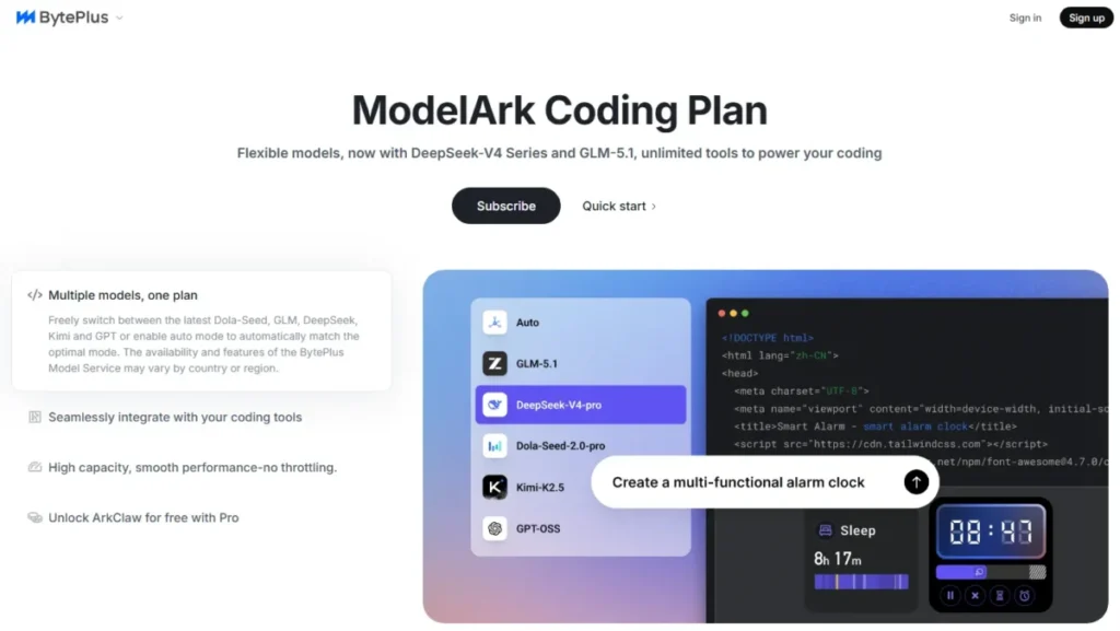 BytePlus ModelArk Coding Plan page showing multiple AI coding models including DeepSeek-V4-pro, GLM-5.1, Kimi-K2.5, and GPT-OSS.