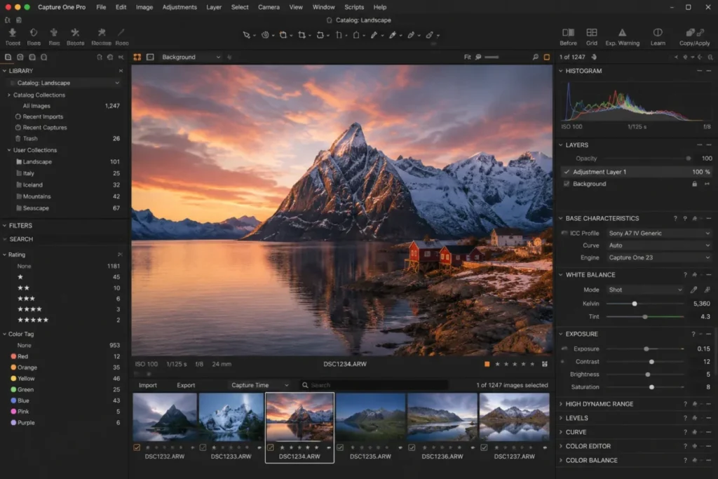 Capture One Pro dark editing interface showing a landscape photo with histogram layers white balance and exposure controls