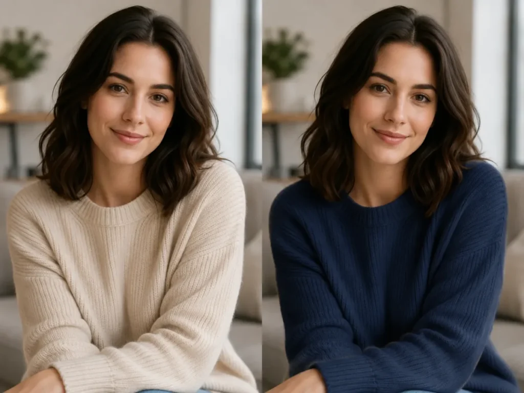 Side-by-side portrait showing the same woman in an identical pose, with only the sweater color changed from beige to navy blue.
