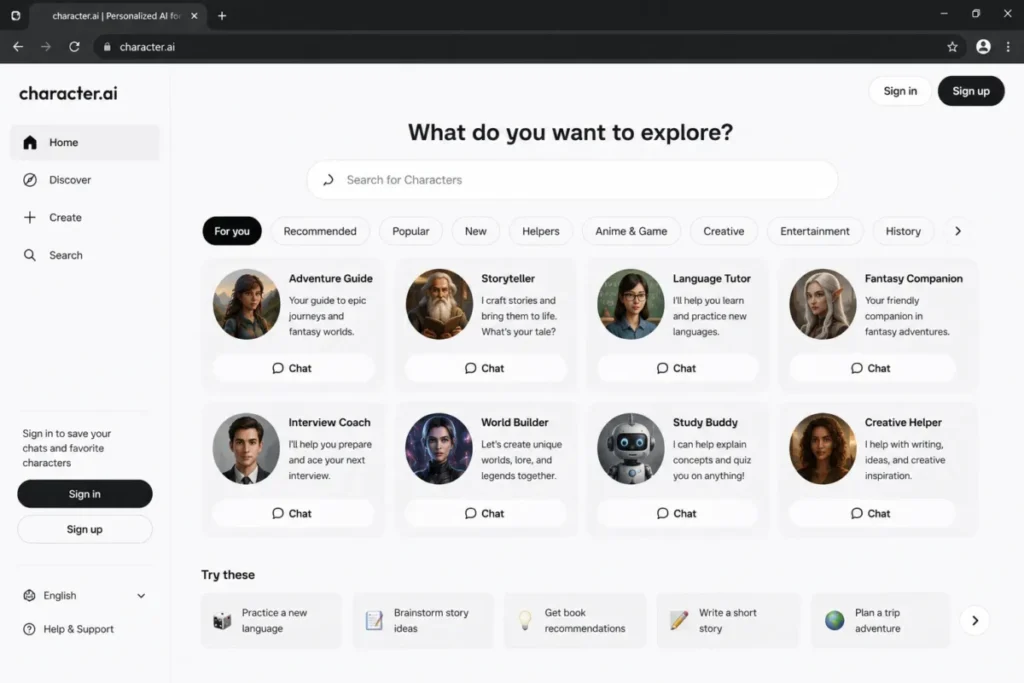 Character.AI home screen showing a library of AI character profiles and chat options.