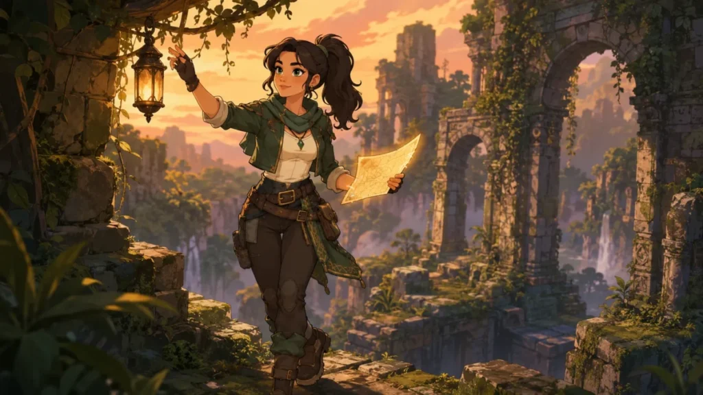 Female adventurer exploring ancient overgrown ruins at sunset while holding a glowing map and reaching toward a hanging lantern.