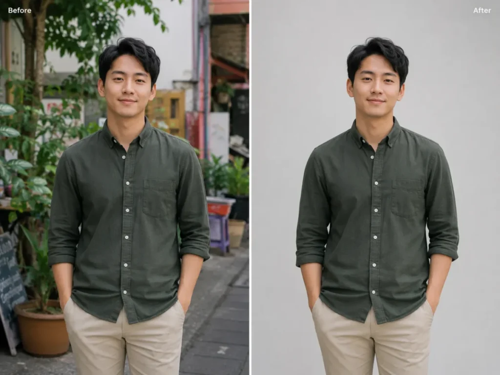 Before and after ChatGPT photo edit showing the same man with an outdoor background replaced by a light-gray studio backdrop