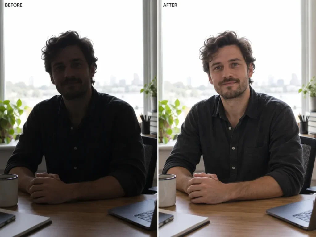 Before and after ChatGPT photo edit showing a backlit portrait with the face evenly exposed while the bright window stays unchanged