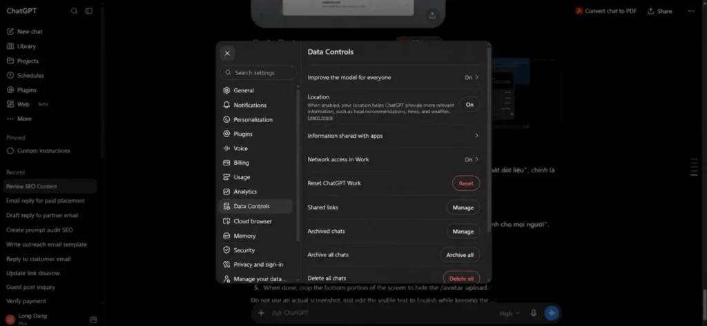 ChatGPT prompts for real estate agents showing Data Controls and Improve the model for everyone setting