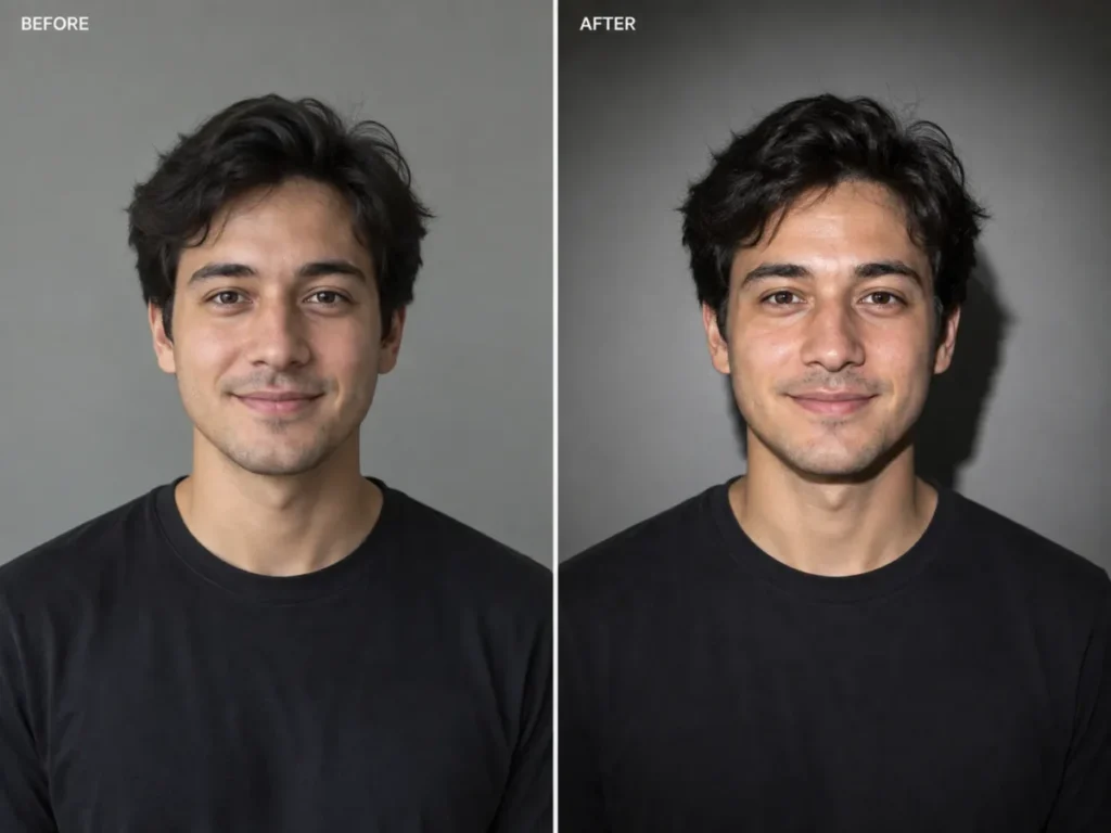 Before and after ChatGPT photo edit showing a portrait restyled with a direct on-camera flash look