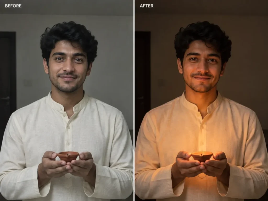 Before and after ChatGPT photo edit showing a portrait relit with warm Diwali diya light