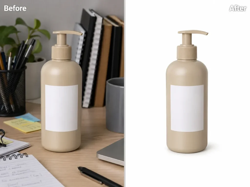 Before and after ChatGPT product photo edit showing a generic pump bottle moved from a cluttered desk to a white ecommerce background