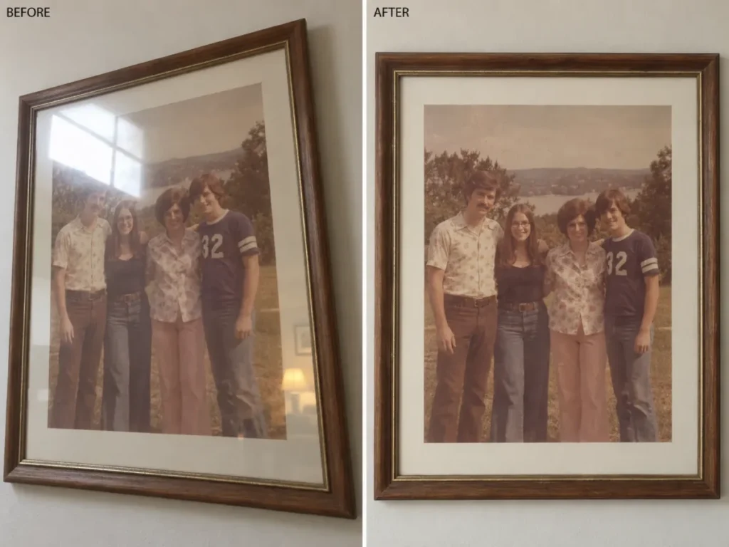 Before and after ChatGPT photo edit showing window glare and keystone distortion removed from a phone photo of a framed family print