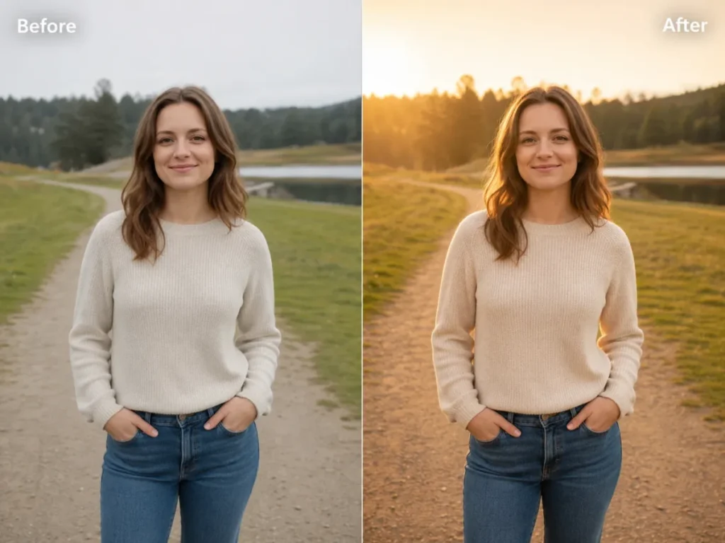 Before and after ChatGPT photo edit showing an outdoor portrait relit with warm golden-hour light