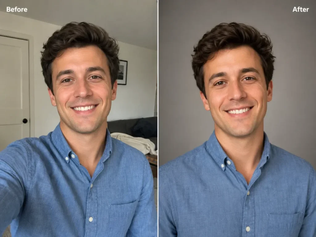 Before and after ChatGPT headshot edit showing a casual selfie transformed into a professional chest-up headshot on a warm-gray background