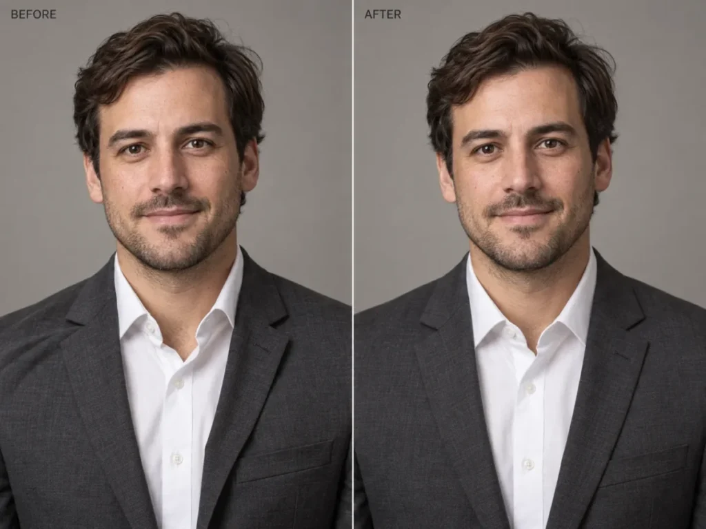 Before and after ChatGPT photo edit showing a crooked collar and a shoulder wrinkle fixed on a corporate headshot while the face stays unchanged