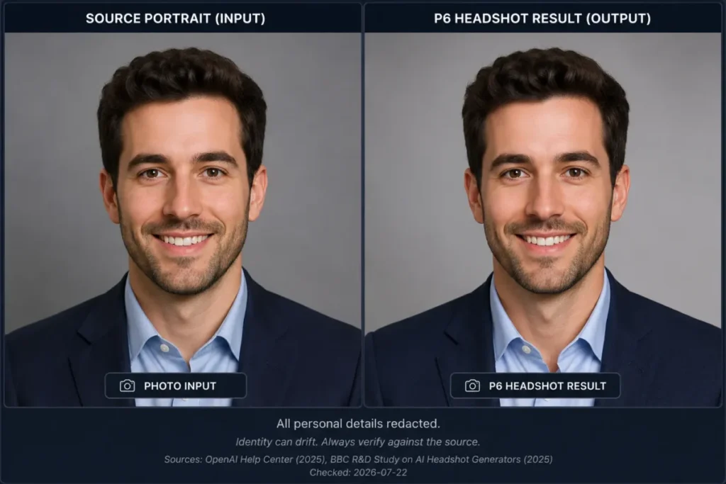 Side-by-side comparison of a source portrait and a professional headshot result for checking identity consistency