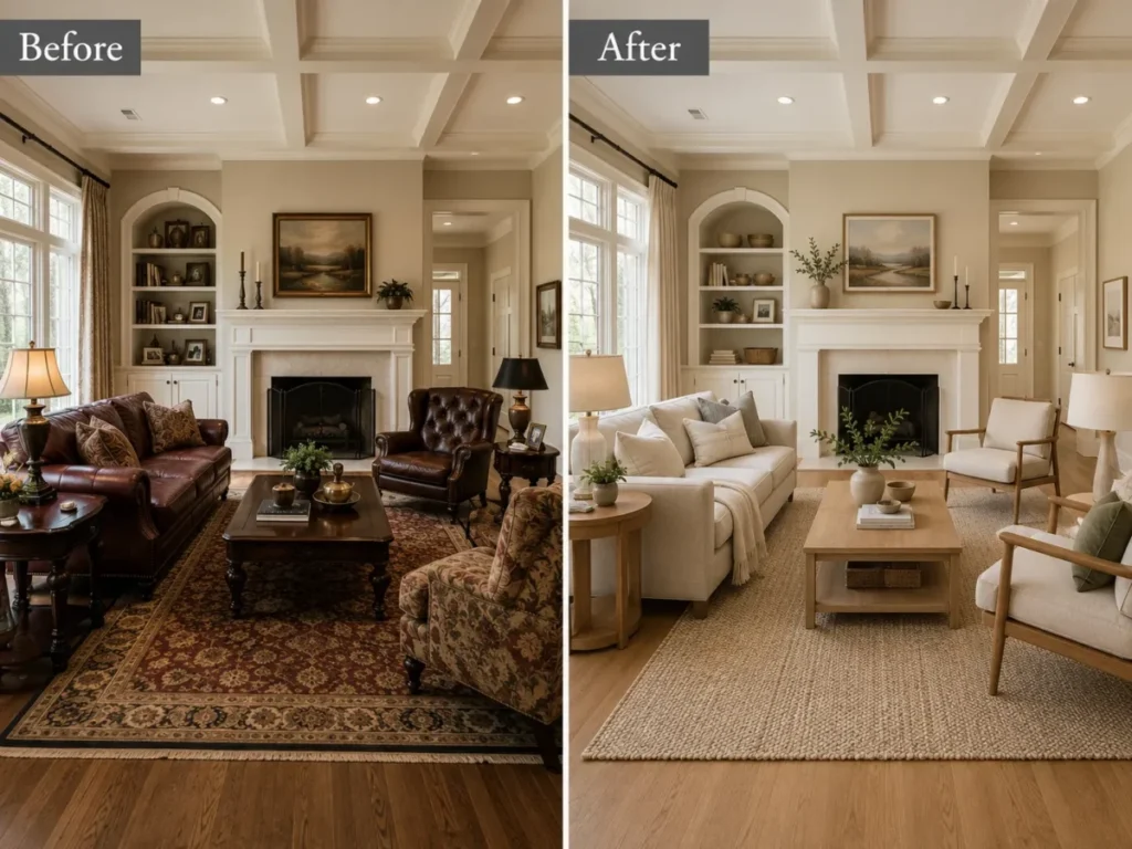Before and after ChatGPT room edit showing a dated living room redesigned with light-oak furniture and neutral decor while the room structure stays the same