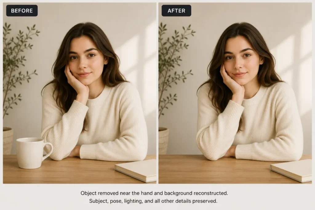 Before and after ChatGPT photo edit showing a mug removed from beside the subject’s hand while the portrait remains unchanged