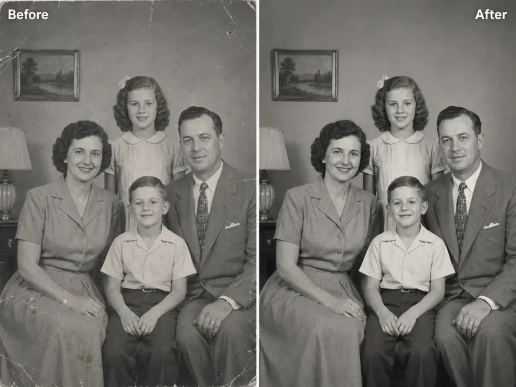 Before and after ChatGPT photo restoration showing an old black-and-white family portrait with scratches and stains reduced