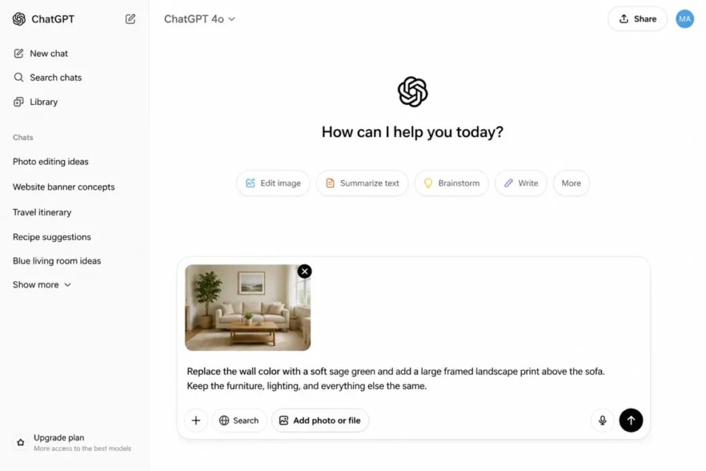 ChatGPT composer with a living room photo attached and a photo editing prompt ready to send