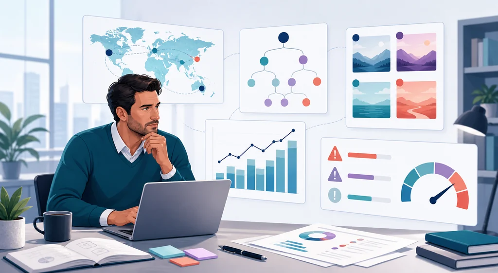 Business strategist comparing market scenarios, decision paths, financial trends, and risks