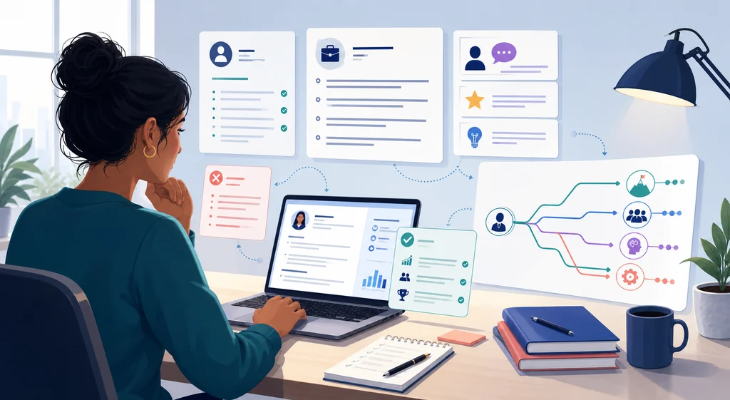 Job seeker reviewing a resume, job requirements, interview notes, and career paths