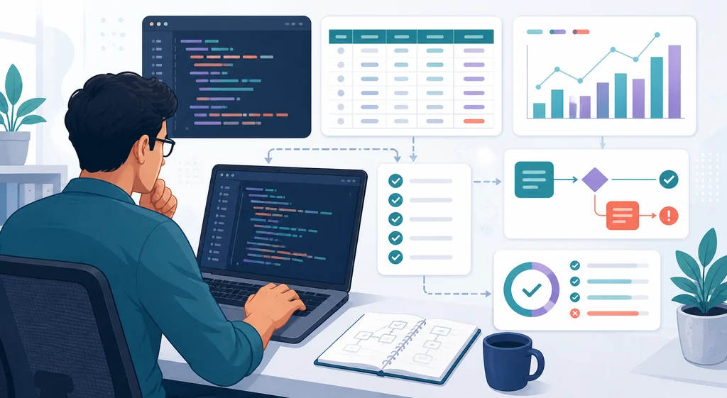 Developer checking code, data tables, charts, tests, and error paths before release