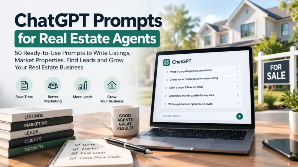 ChatGPT prompts for real estate agents with 50 ready-to-use prompts for listings marketing leads and business growth