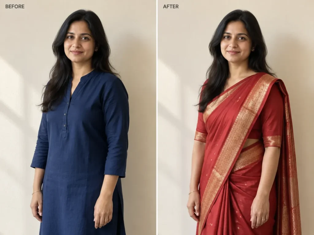 Before and after ChatGPT photo edit showing an outfit replaced with a red silk saree while the face stays unchanged
