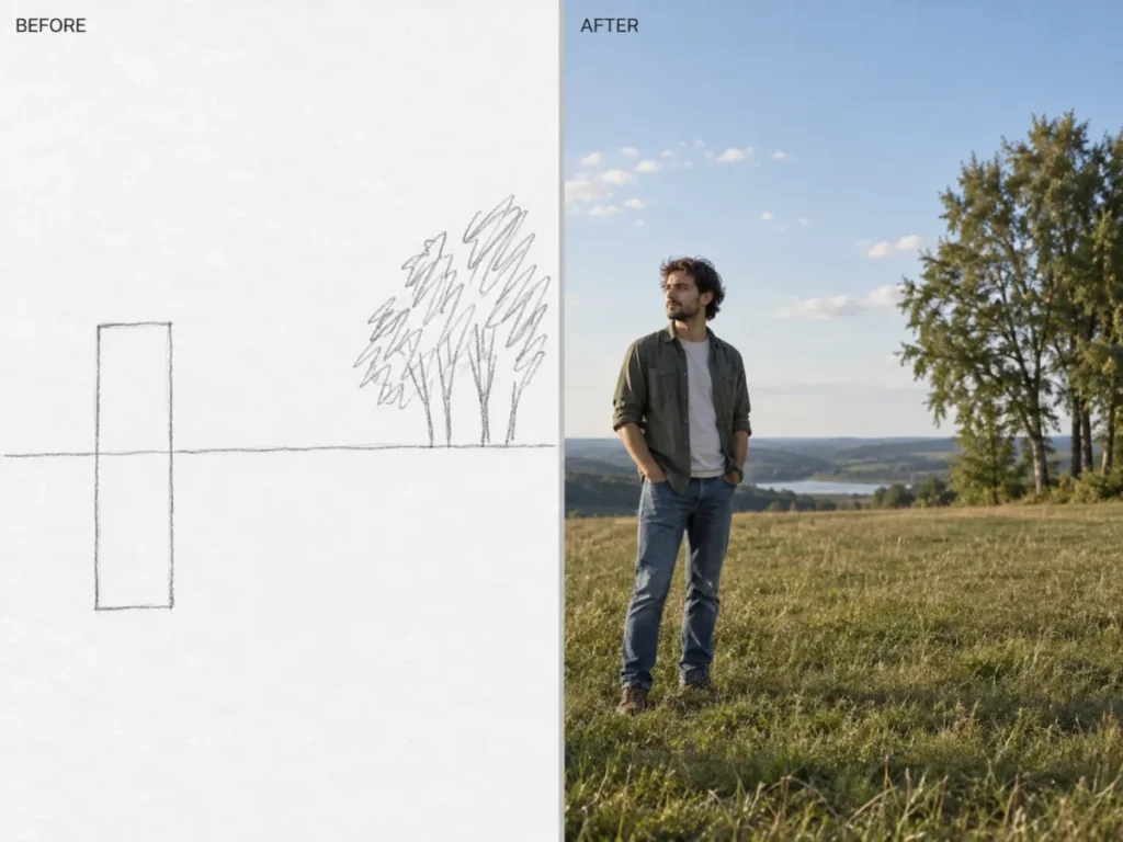 Before and after ChatGPT Sketch edit showing a rough drawing turned into a photographic scene