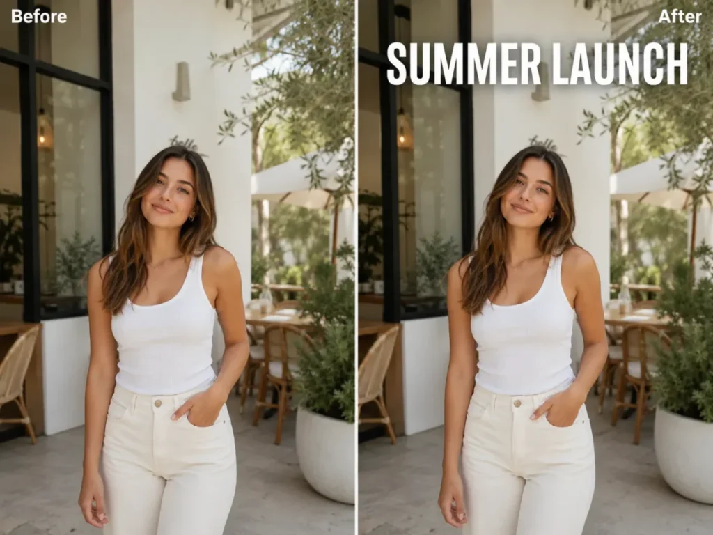 Before and after ChatGPT photo edit showing the headline SUMMER LAUNCH added above the same lifestyle portrait