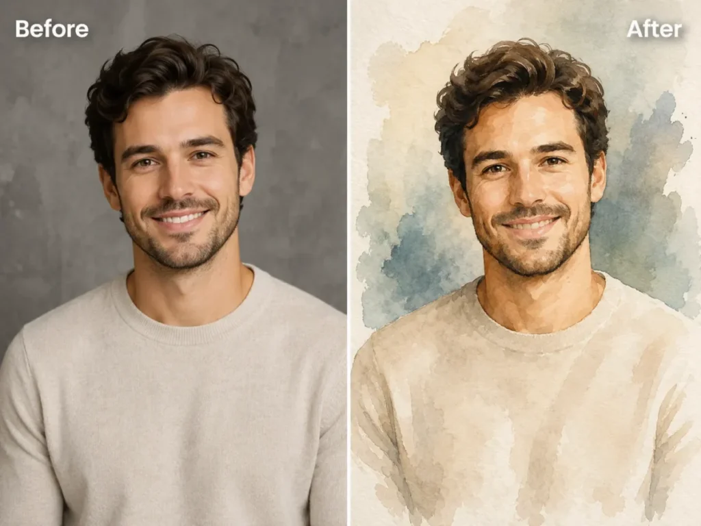 Before and after ChatGPT image edit showing a portrait transformed into a watercolor illustration
