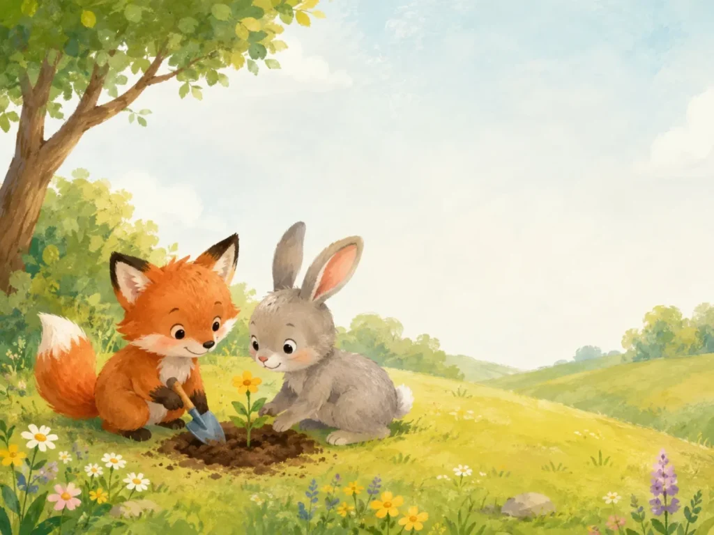 Warm children's book illustration of a fox and rabbit planting a yellow flower together in a sunny meadow, with open sky space for text.