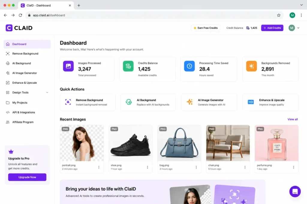 Claid web dashboard showing AI product image tools credits balance recent images and ecommerce image processing actions