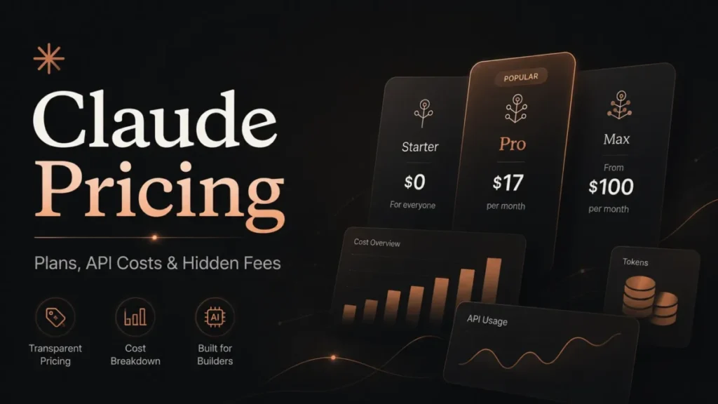 Claude Pricing featured image showing Free, Pro, and Max plan cards with API cost and usage graphics.