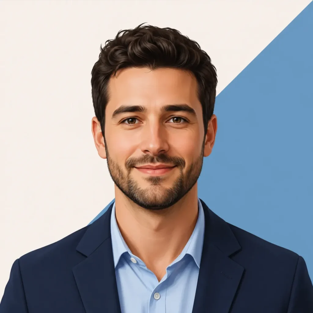 Clean illustrated profile avatar of a man in a navy blazer against a simple two-color geometric background.