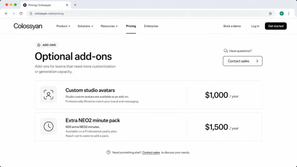 Colossyan pricing add-ons showing a custom studio avatar for $1,000 per year and 600 extra NEO2 minutes for $1,500 per year.