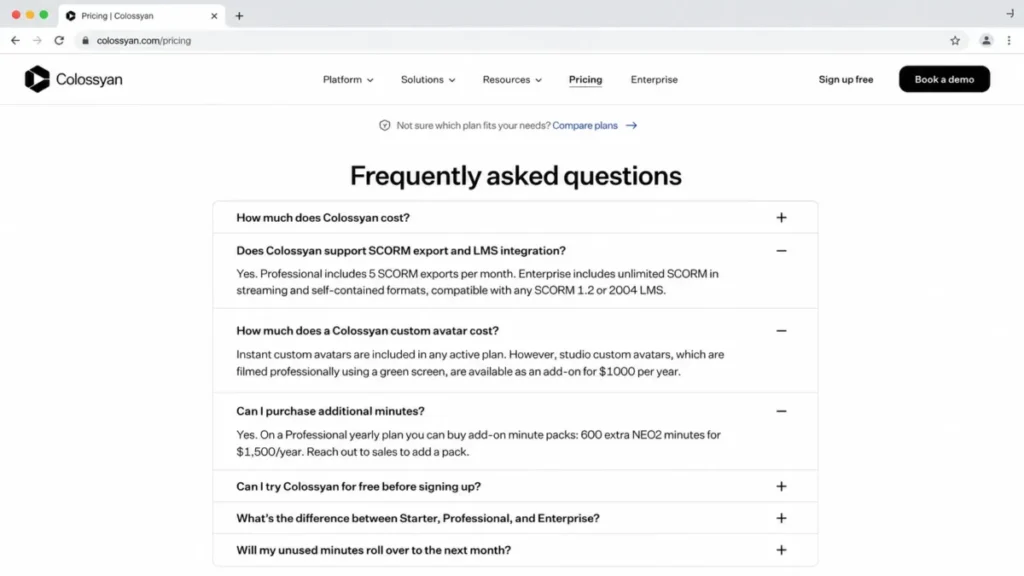 Colossyan pricing FAQ showing SCORM export limits, the $1,000 yearly studio custom avatar add-on, and the $1,500 yearly NEO2 minute pack.
