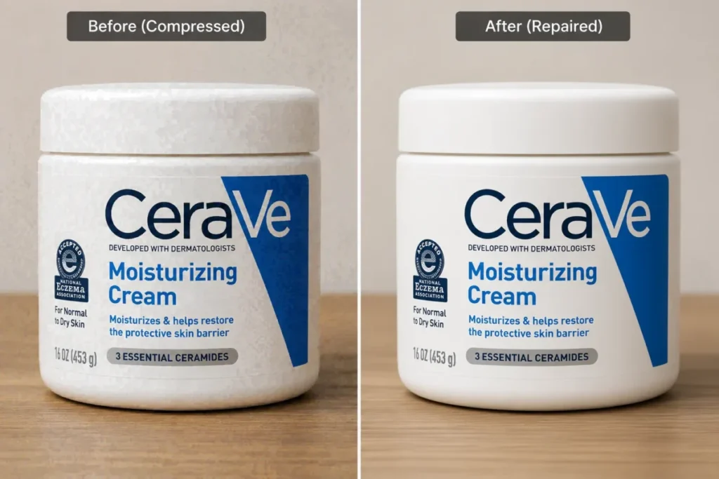 Before-and-after comparison of a compressed moisturizing cream product photo, showing reduced pixelation, cleaner edges, and sharper label text after repair.