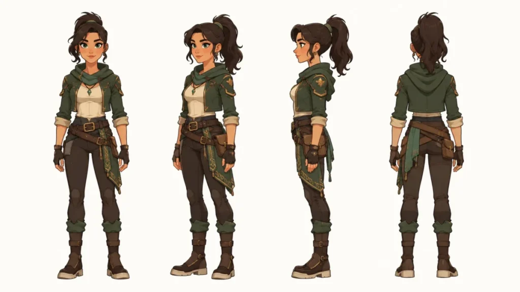 Character sheet of a female adventurer shown from the front, three-quarter, side, and back views with consistent clothing, proportions, colors, and accessories.