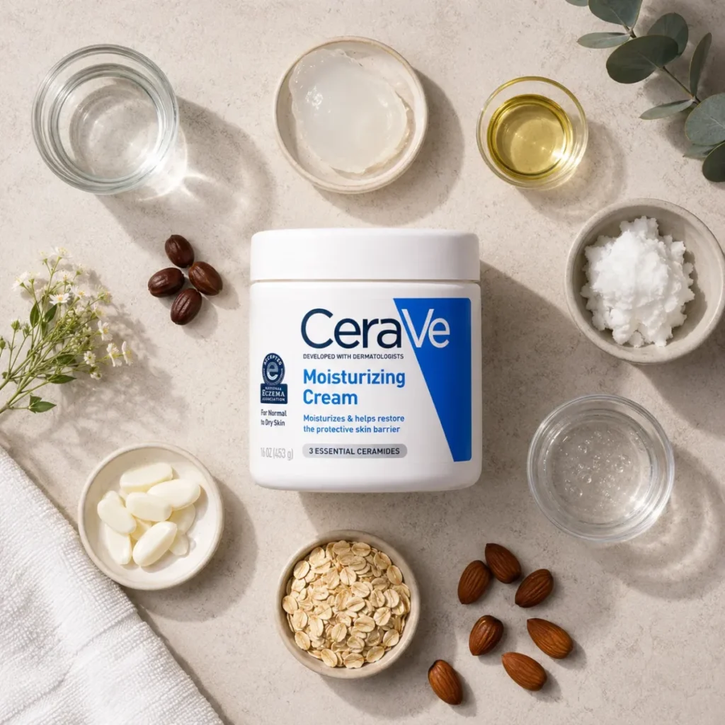 Top-down flat lay of a moisturizing cream jar surrounded by bowls of oils, gel, oats, almonds, capsules, flowers, and skincare ingredients on a beige stone surface.