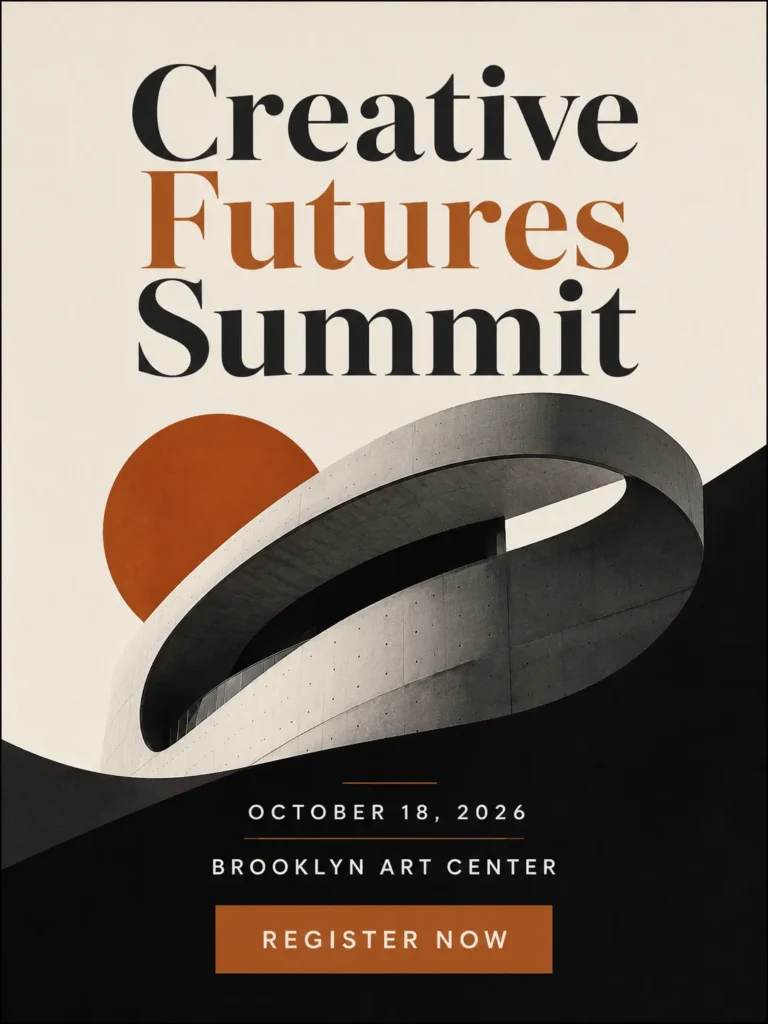Modern Creative Futures Summit poster with bold serif typography, an abstract concrete building, the date October 18, 2026, Brooklyn Art Center, and a Register Now call to action.