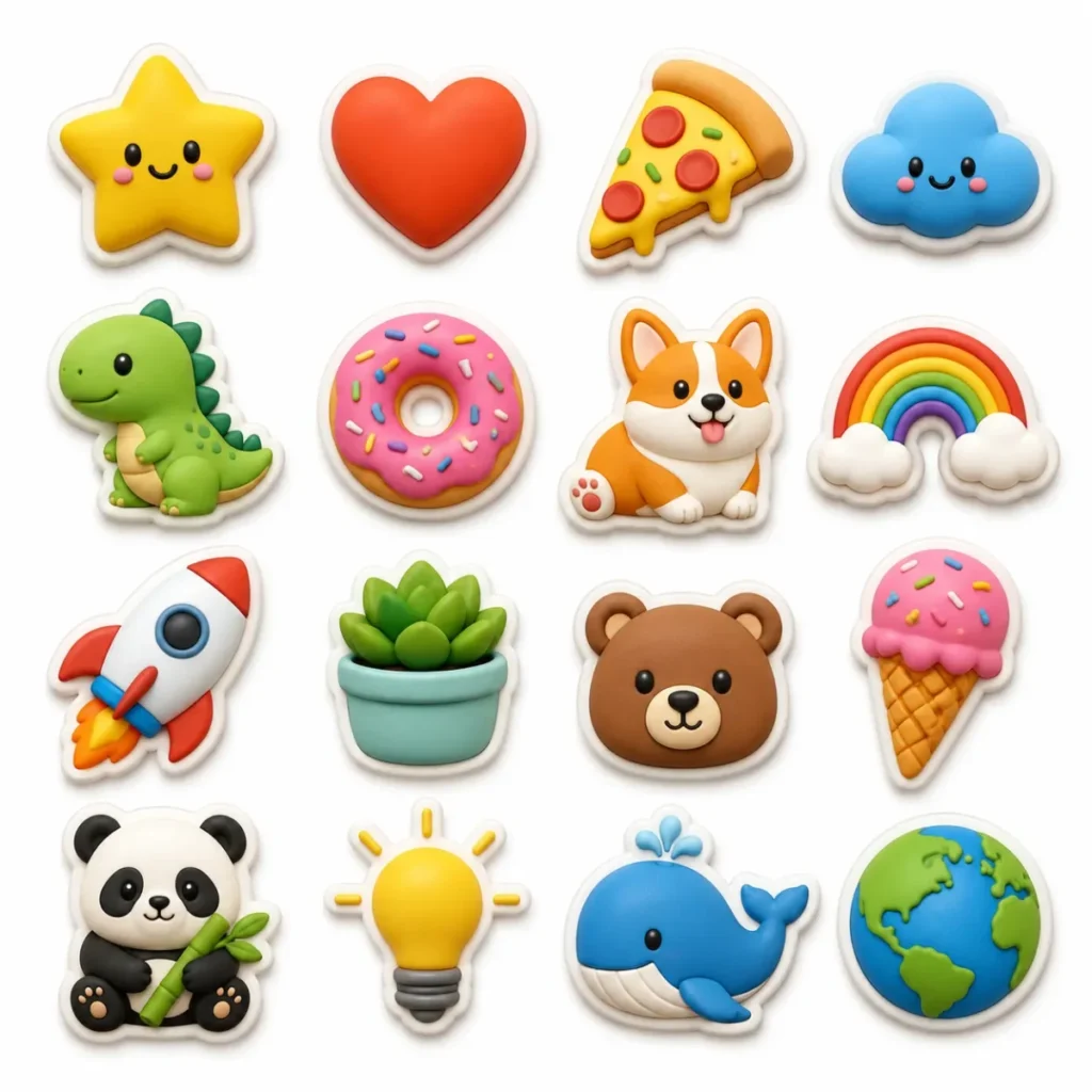 Sheet of 16 colorful three-dimensional stickers, including a star, heart, pizza, cloud, dinosaur, doughnut, corgi, rainbow, rocket, plant, bear, ice cream, panda, light bulb, whale, and globe.