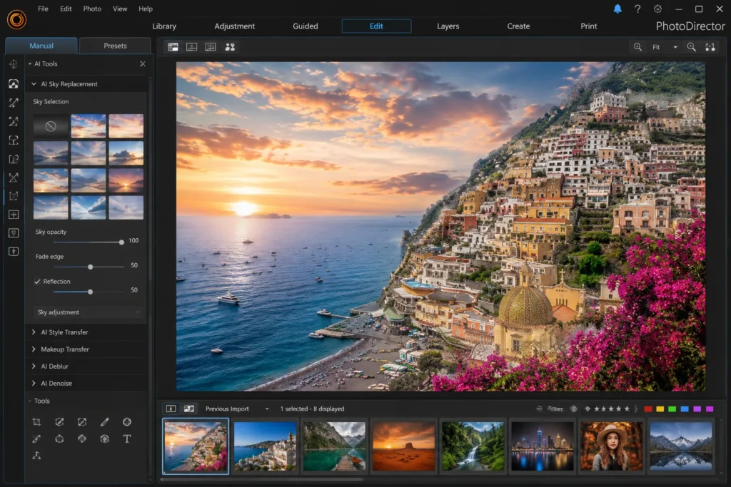 CyberLink PhotoDirector Edit module showing AI Sky Replacement applied to a coastal travel photo
