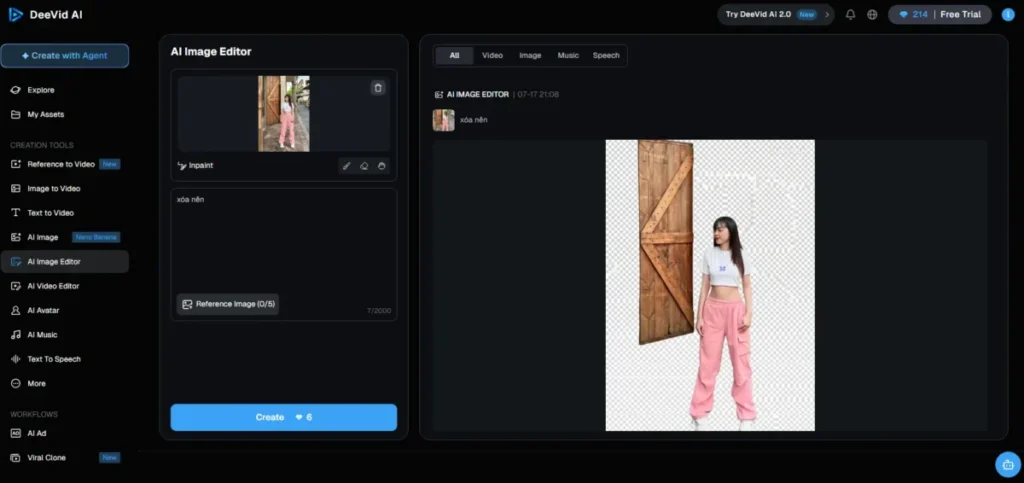 DeeVid AI Image Editor interface demonstrating AI background removal with a transparent PNG output.