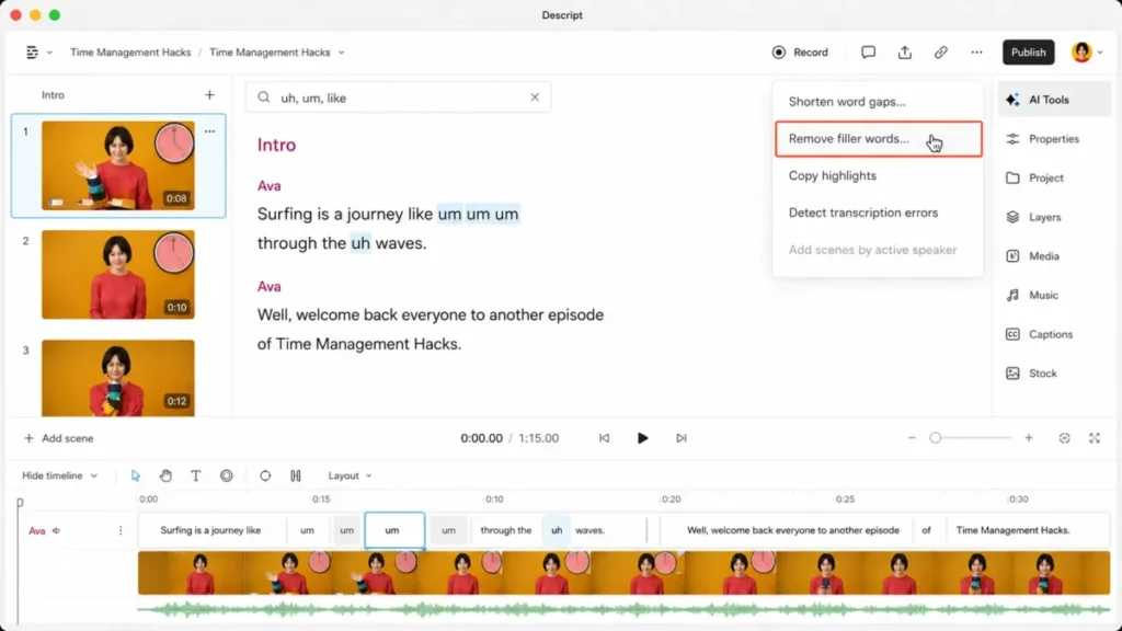 Descript editor showing transcript-based video editing with filler words selected and the Remove filler words tool open.