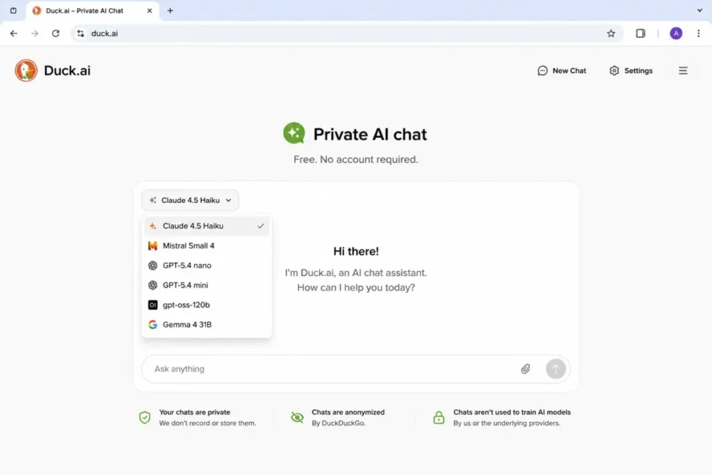 Duck.ai interface showing private AI chat with a model selector and no account required.