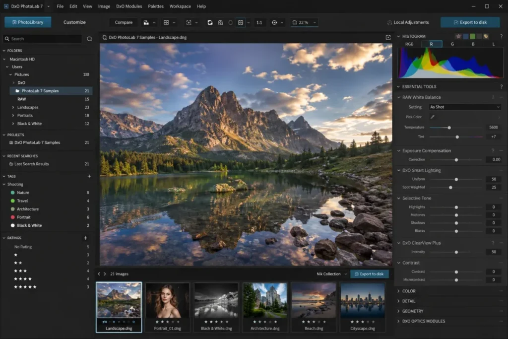 DxO PhotoLab dark interface editing a RAW landscape photo with histogram essential tools and ClearView Plus controls